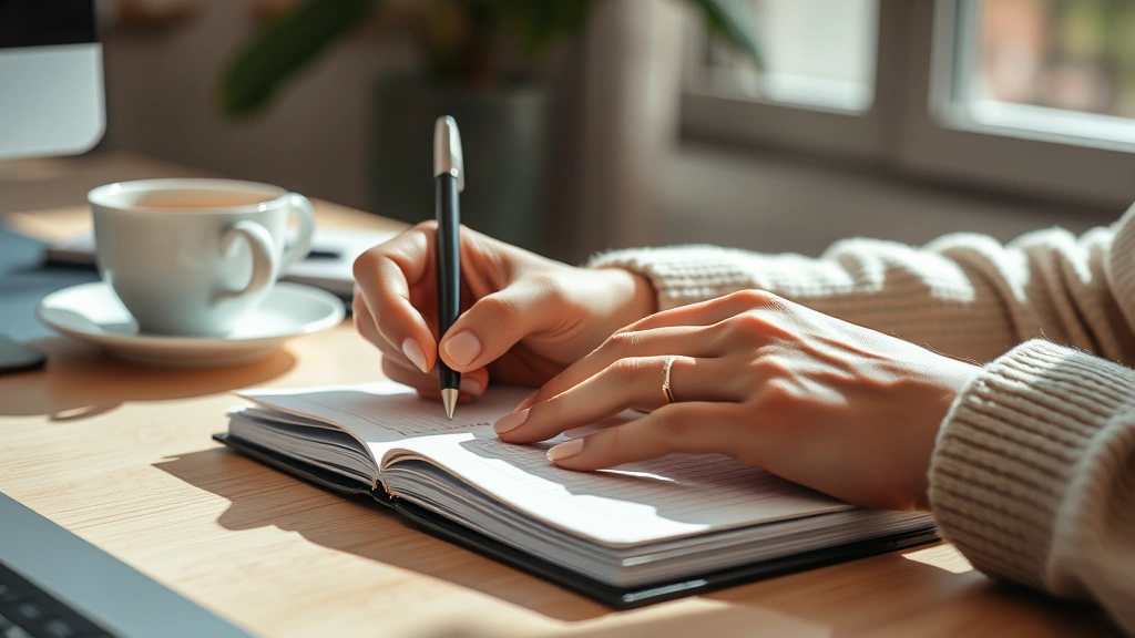 Close-up of someone's hands writing in a notebook with a warm beverage nearby, soft morning light streaming across workspace, peaceful focus moment, photorealistic