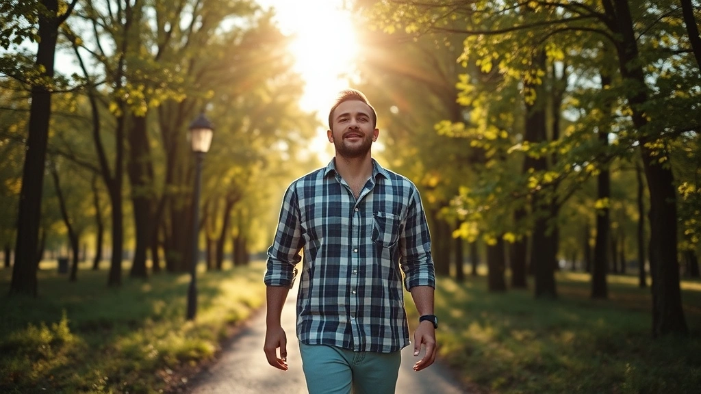Person walking outdoors in nature with trees and sunlight, appearing refreshed and mentally restored, natural attention recovery, photorealistic