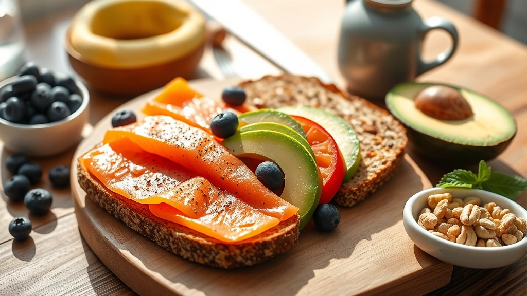 Healthy breakfast spread with salmon, blueberries, avocado, whole grain toast, nuts on wooden table, morning sunlight, fresh vibrant colors, photorealistic, no text