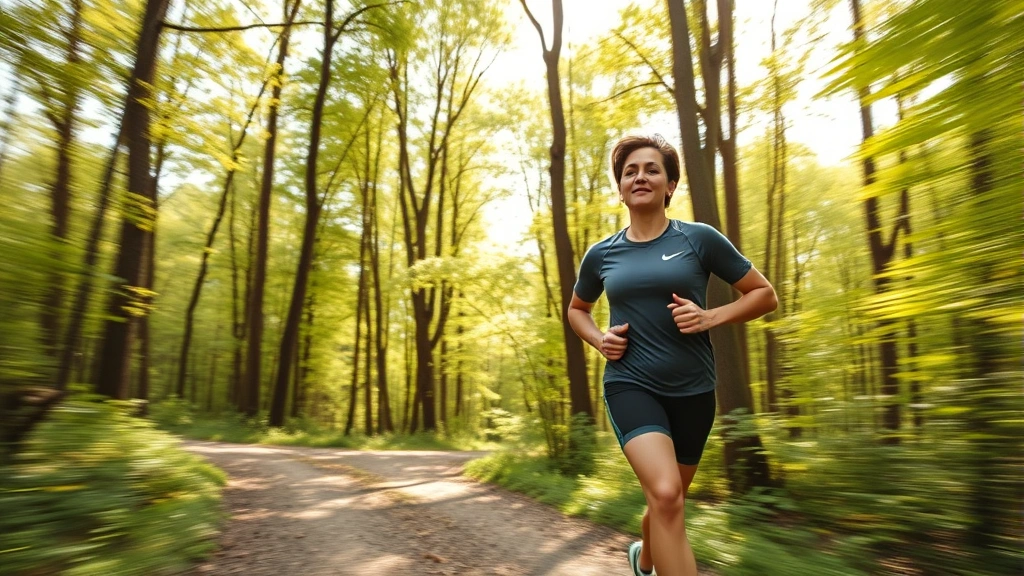 Person jogging outdoors on forest trail surrounded by green trees, natural sunlight filtering through canopy, peaceful expression, athletic wear, photorealistic, motion blur background
