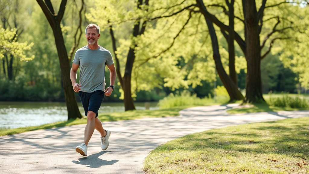 Person walking outdoors in natural setting with trees and water visible, active movement during break, bright natural daylight, peaceful body language, green nature background, physical wellness moment