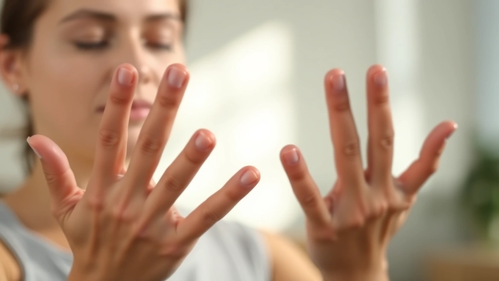 Close-up of hands in meditation or mindfulness pose, peaceful facial expression blurred in background, natural lighting, calm atmosphere, person demonstrating focused mental state, serene indoor setting
