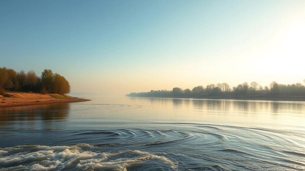 Wide river or waterfront view with gentle flowing water and natural shoreline, morning light reflecting on water surface, trees along banks, calm serene environment, photorealistic nature scene