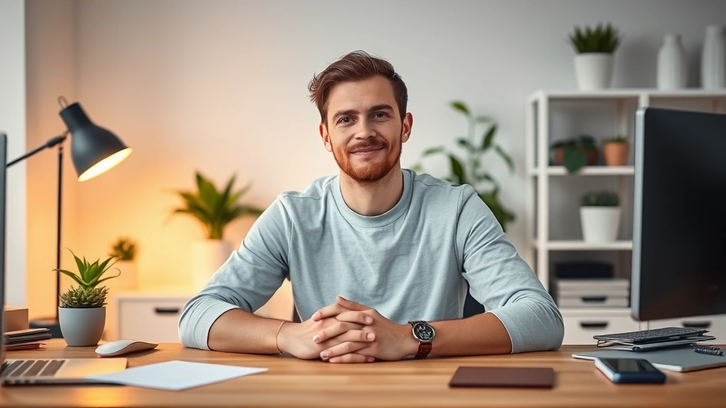 Individual at desk in organized workspace, hands relaxed on desk surface, focused calm expression, minimalist background with plants, warm lighting, no screens or notebooks visible