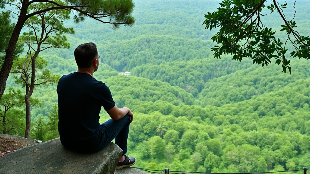 Person sitting peacefully on natural stone overlooking forested landscape, back of head visible, contemplative posture, expansive green forest vista below, natural daylight, photorealistic outdoor setting