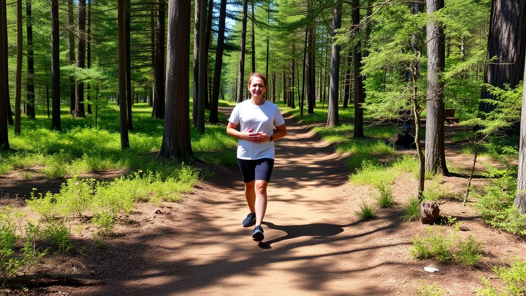 Person walking on forest trail in natural setting, peaceful posture, surrounded by trees and greenery, clear daylight, embodying physical wellness and mental clarity, no signage or text