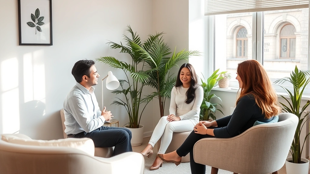 Professional therapist in calm office setting with soft lighting, comfortable seating, plants, peaceful expression, focused listening posture, diverse representation, natural window light, neutral color palette