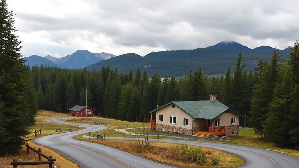 Rural landscape with small clinic building nestled in forest, winding road, mountains in background, overcast Pacific Northwest sky, community health center exterior, accessible entrance, peaceful environment