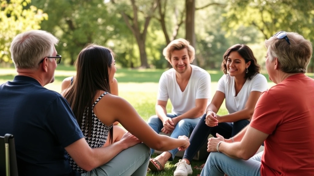 Diverse group of people in supportive circle, sitting together outdoors in natural light, genuine connection and listening, therapeutic community setting, warm engagement
