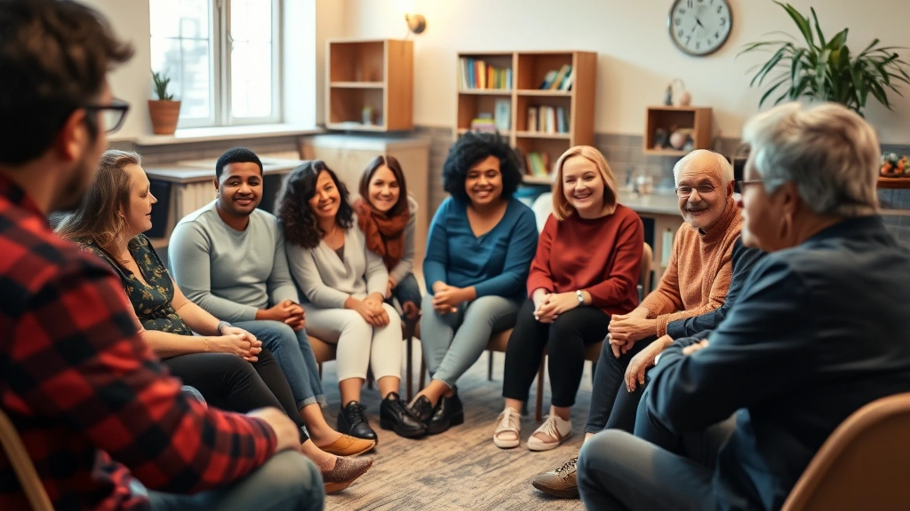 Group of diverse people in supportive circle during peer support meeting, sitting in casual arrangement, engaged expressions, hope and connection visible, warm indoor lighting, community center setting, genuine interaction