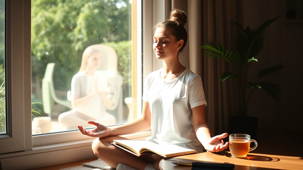 Person meditating peacefully by window with natural light streaming in, serene expression, notebook and tea nearby, wellness practice, mental clarity, focused presence