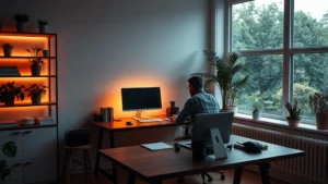 Minimalist home office with warm LED lighting illuminating a wooden desk, person sitting focused on work, large window with natural daylight, plants on shelves, no screens visible, calm professional atmosphere