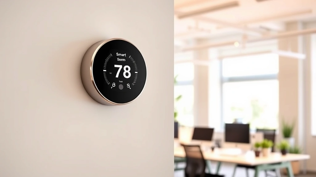 Modern smart thermostat mounted on neutral wall in bright office space, subtle temperature display, warm ambient lighting, organized desk workspace in background, professional environment, focus-optimized setting