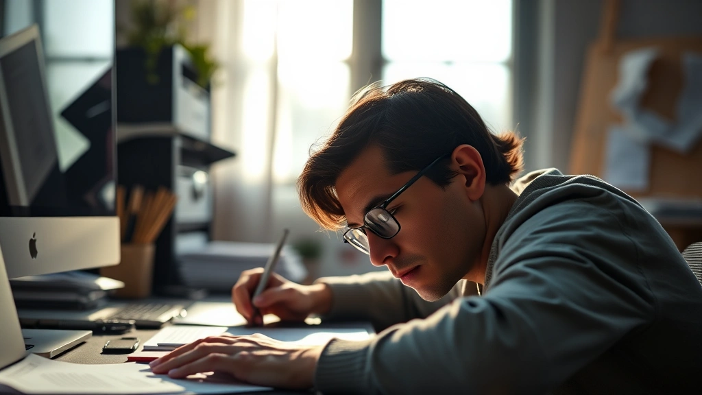 Close-up of person concentrating at desk with optimal LED lighting creating natural shadows, papers and work materials organized, warm lighting temperature, calm expression, productive focus moment captured