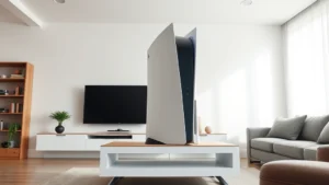 Wide shot of PS5 console positioned vertically on entertainment stand with clear airflow space around all sides, modern living room setting, natural lighting from window, no text visible, showing proper ventilation setup
