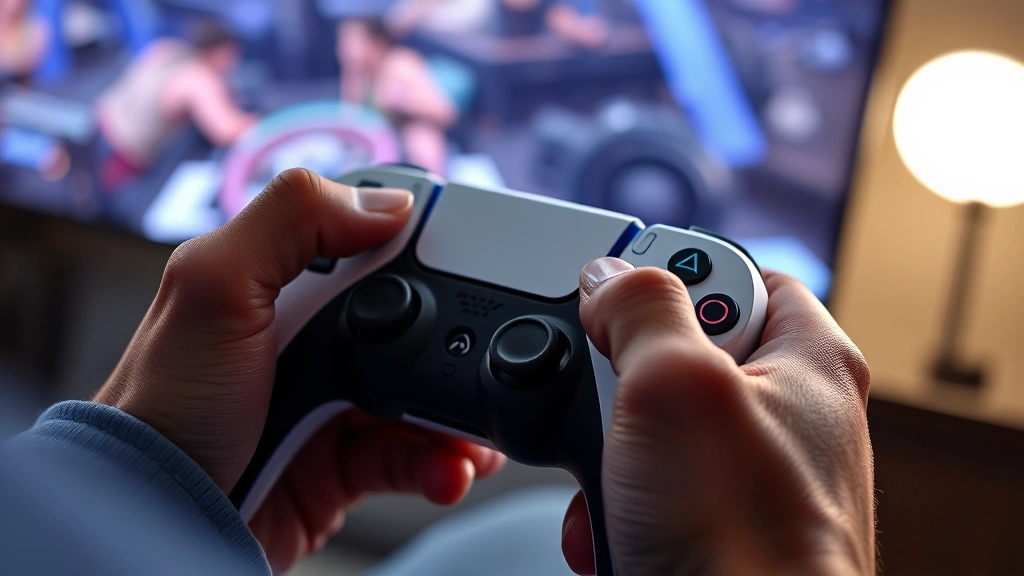 Close-up of hands holding PS5 controller during intense gaming moment, player concentrating on screen, blue and white controller details visible, gaming environment background slightly blurred, no HUD or game text in frame