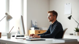 Minimalist workspace with single focus task visible, natural lighting streaming through window, person sitting at desk with complete attention, no distractions or devices visible, calm concentrated expression, productivity environment photorealistic
