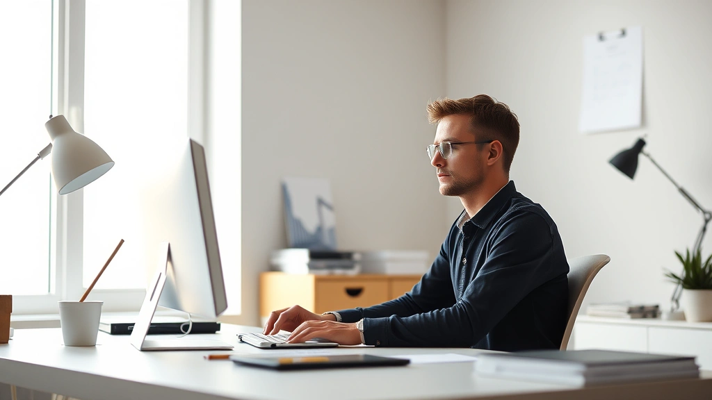 Minimalist workspace with single focus task visible, natural lighting streaming through window, person sitting at desk with complete attention, no distractions or devices visible, calm concentrated expression, productivity environment photorealistic