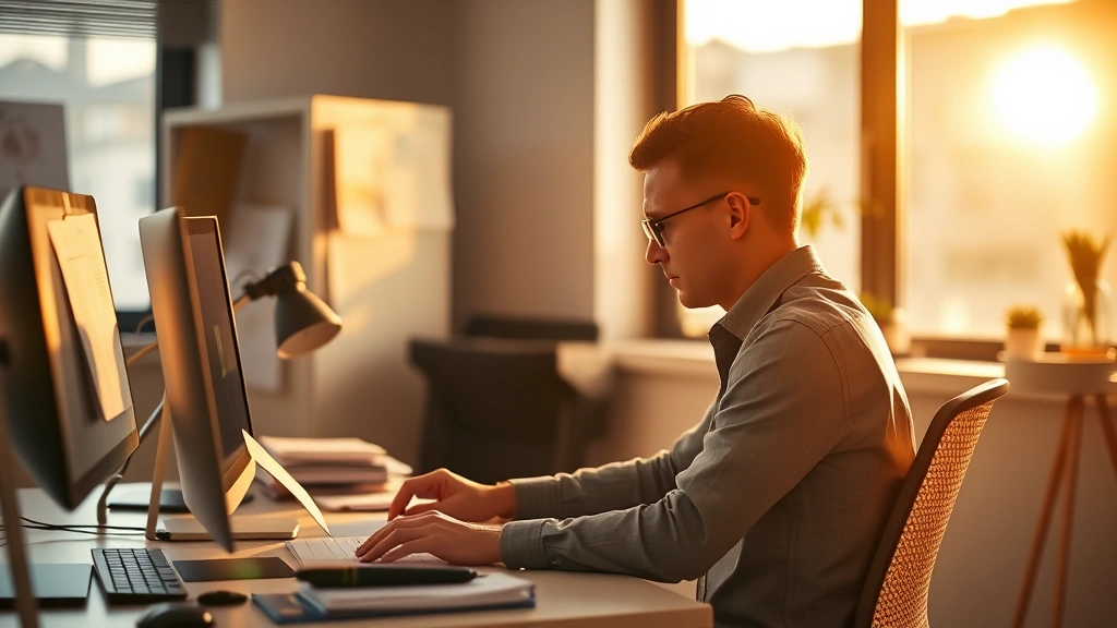 Person in deep focus state working at clean desk, morning golden hour lighting, organized workspace, single project in front, relaxed posture indicating sustained concentration, professional but calm atmosphere, photorealistic detailed