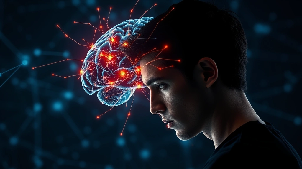 Brain neural network visualization concept merged with focused person studying, synapses lighting up in prefrontal cortex area, person shown in profile deep in concentration, abstract neuroscience elements blended with realistic human, photorealistic hybrid style