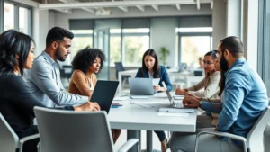 A diverse group of professionals sitting around a table in a modern office, deeply focused on their work with laptops and documents, natural daylight streaming through windows, collaborative energy visible in their postures