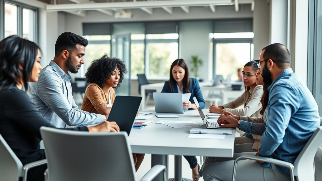 A diverse group of professionals sitting around a table in a modern office, deeply focused on their work with laptops and documents, natural daylight streaming through windows, collaborative energy visible in their postures