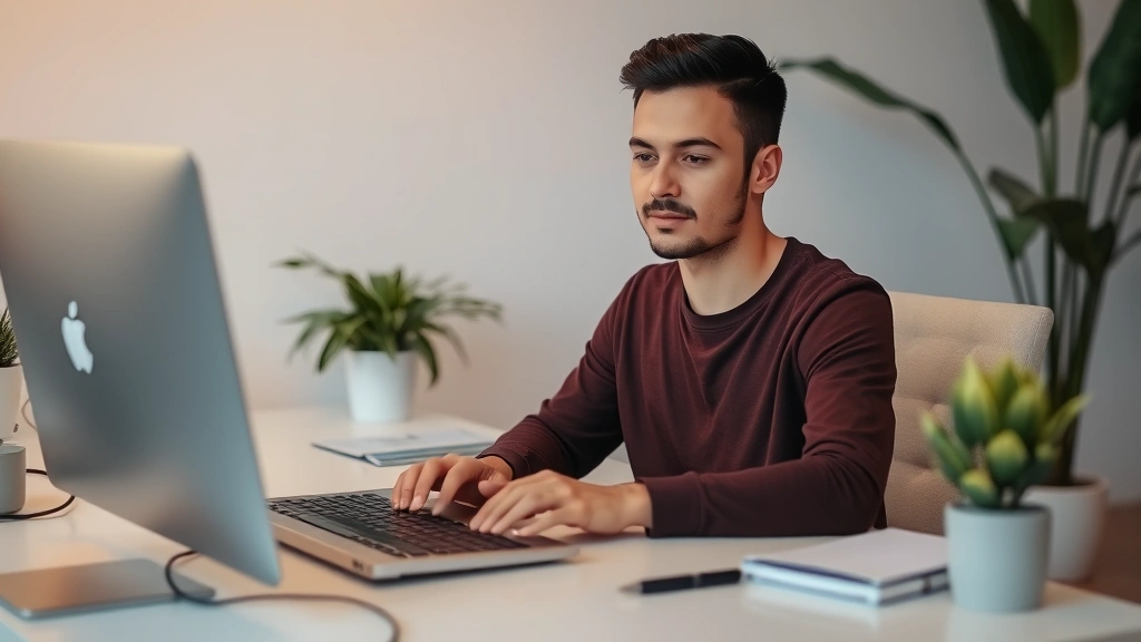 A person sitting at a desk with a clear, organized workspace, hands on keyboard, expression of calm concentration, minimalist background with plants, warm lighting highlighting peaceful focus state