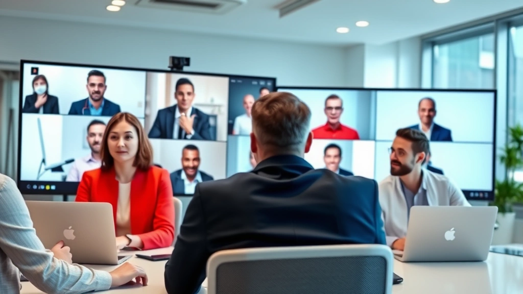 Multiple professionals in a virtual meeting on large monitors, engaged and attentive, modern office setting, showing synchronized focus and community collaboration across digital platforms