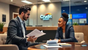 Professional financial advisor meeting with diverse client in modern credit union office, reviewing financial documents and discussing loan options, warm lighting emphasizing trust and expertise, client leaning forward engaged in conversation