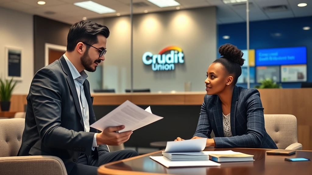 Professional financial advisor meeting with diverse client in modern credit union office, reviewing financial documents and discussing loan options, warm lighting emphasizing trust and expertise, client leaning forward engaged in conversation