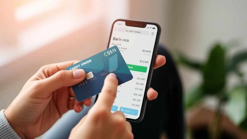 Close-up of hands holding credit union debit card and smartphone showing mobile banking app with account balance and transaction history visible on screen, modern minimalist design with soft natural lighting