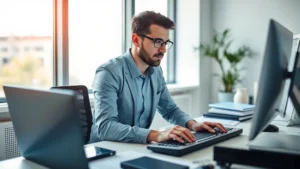 Professional person at desk in modern office environment, completely focused on work, natural light from window, minimal clutter on desk, calm concentrated expression, hands on keyboard