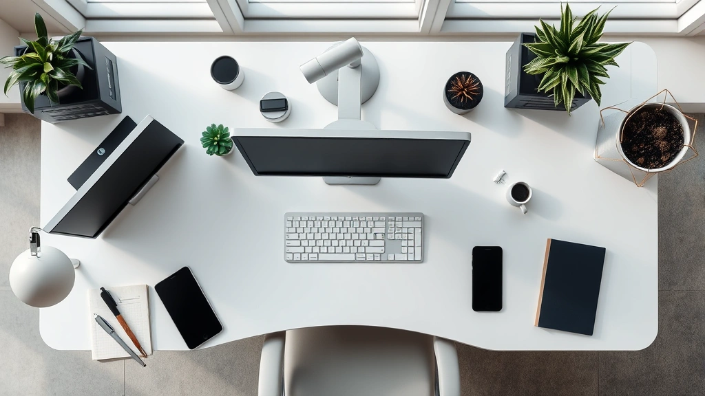 Organized workspace overhead view showing clean desk with essential items only, ergonomic setup with proper monitor positioning, natural lighting, peaceful productive environment