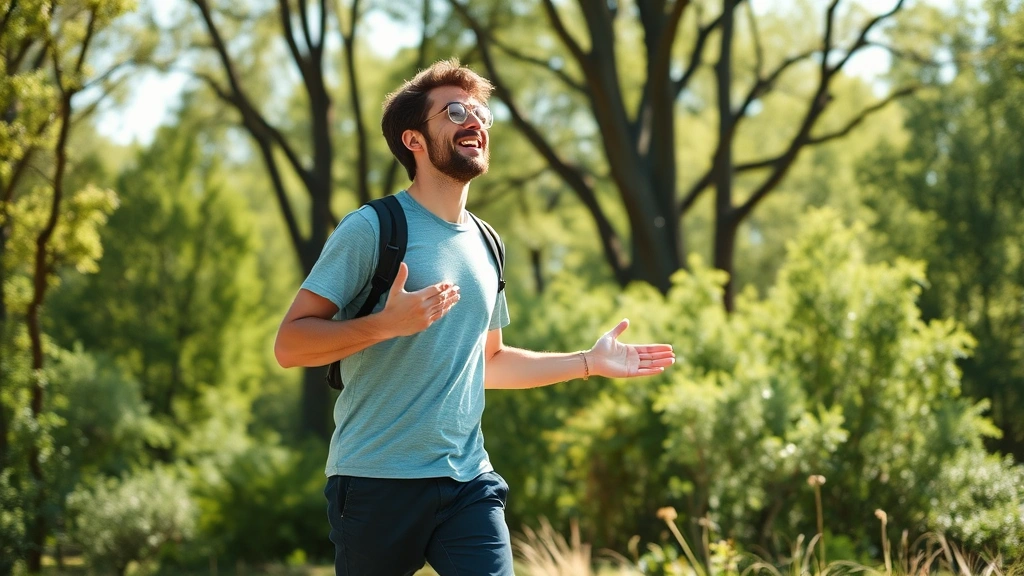 Person taking a break outdoors walking in nature, fresh air and sunlight, energized body language, trees and greenery background, mental refreshment and physical movement