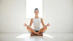Person sitting cross-legged in peaceful meditation pose in bright natural light, serene expression, sunlight streaming through window, minimalist modern interior background