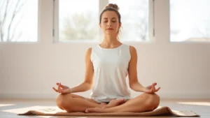 Person meditating in peaceful morning sunlight filtering through large windows, serene facial expression, sitting cross-legged on floor cushion, minimalist bright room background, natural lighting emphasizing calm mental state