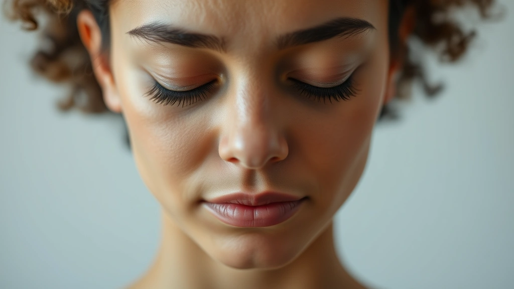 Close-up of focused individual with eyes closed during meditation, peaceful expression, soft natural diffused lighting, neutral background, demonstrating concentrated attention and inner calm without distractions