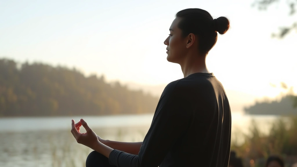 Individual meditating in nature beside calm water or forest setting, serene landscape background, morning or golden hour light, demonstrating mindfulness practice in natural environment