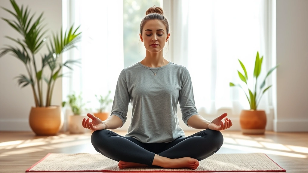 Meditation practitioner in seated position during mindfulness session, hands resting on knees, calm composed demeanor, sunlit interior space with plants, representing mental clarity and focus achievement