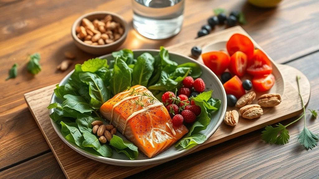 Healthy meal spread on wooden table with salmon, leafy greens, nuts, berries, and water glass, natural daylight overhead, fresh vibrant colors, minimal styling, photorealistic food photography