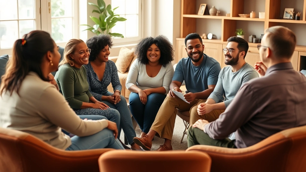 Group of diverse people sitting in circle having supportive conversation in warm community space with natural lighting and comfortable seating, genuine smiles and engaged body language