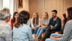 Group of diverse people sitting in supportive circle during mental health support group, warm lighting, focused expressions, professional therapeutic environment, no text or signage visible