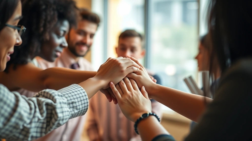Close-up of diverse hands joined together in supportive gesture during peer group meeting, warm indoor lighting, emphasizing connection and mutual support