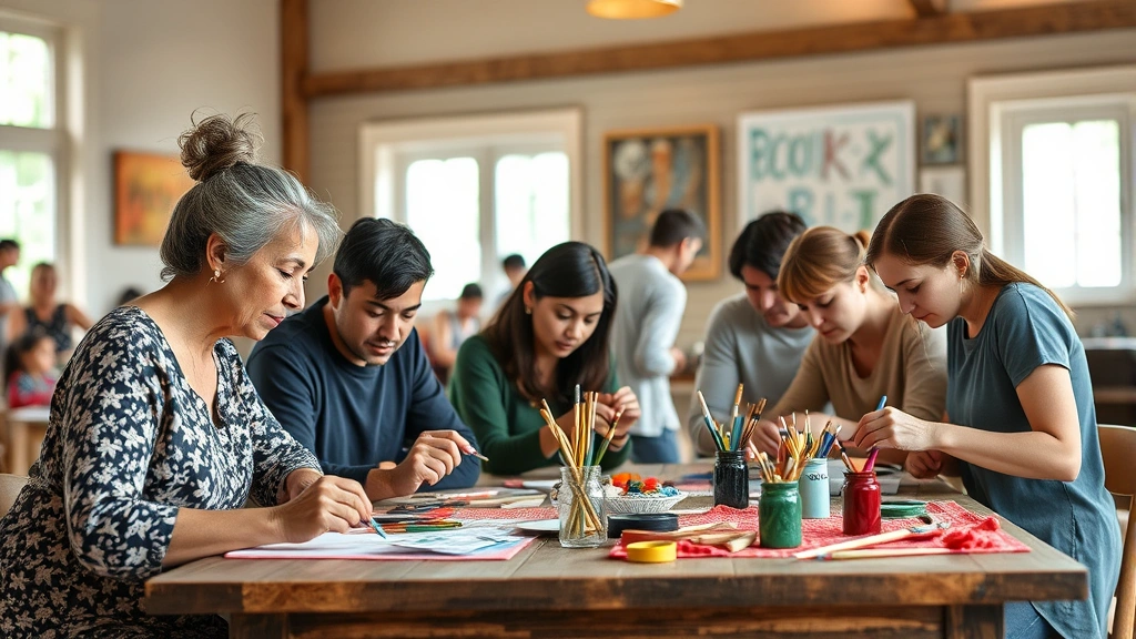 Diverse community members engaged in creative activity together painting or crafting at wooden table, focused expressions, natural daylight through windows, sense of belonging and shared purpose
