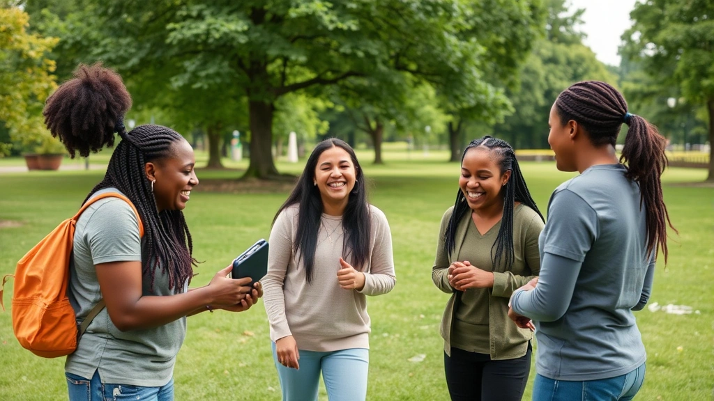 Peer support specialists facilitating outdoor community activity, individuals laughing and engaged, natural park setting, genuine connection and joy, no text or identifying information visible
