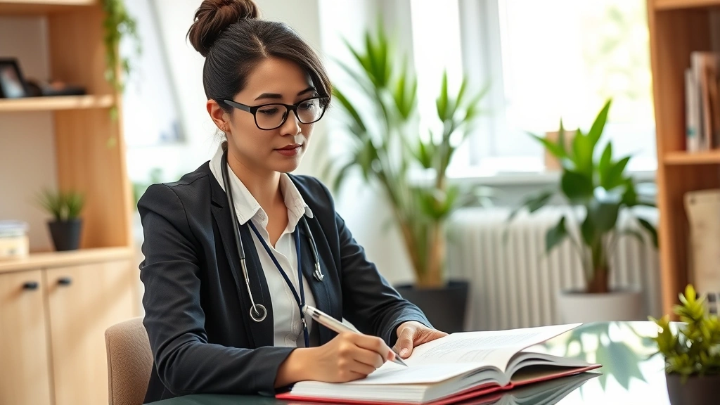 Professional mental health worker in community clinic maintaining focused concentration during documentation, calm office environment with plants, natural lighting, professional attire, thoughtful expression