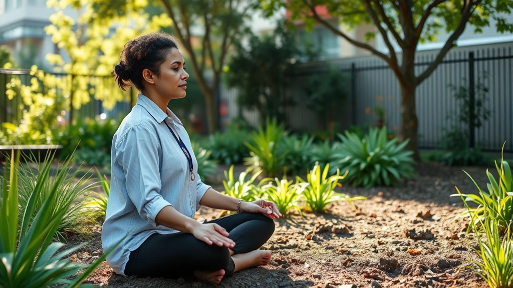 Community mental health professional taking grounding break outdoors in urban garden setting, mindful posture, peaceful natural surroundings, afternoon light, demonstrating cognitive restoration