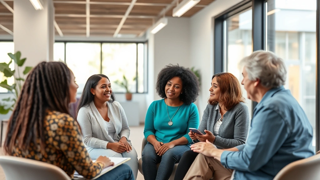 Diverse community health team collaborating in discussion circle, engaged expressions, supportive environment, modern community health center setting, natural window lighting