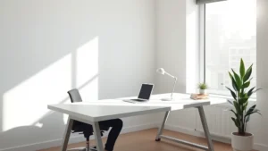 Serene minimalist workspace with natural light streaming through windows, clean desk with single focus object, neutral tones, calm professional working with perfect posture, photorealistic high quality