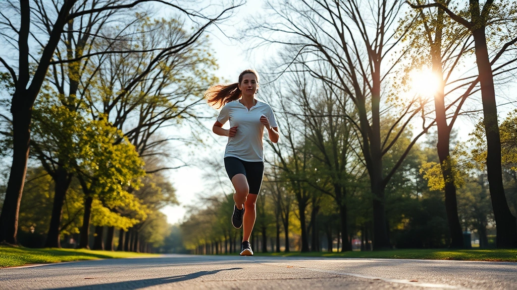 Person jogging outdoors in morning sunlight through park trees, athletic movement, bright natural environment, healthy energetic appearance, photorealistic detailed imagery